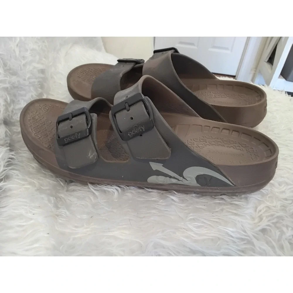 Gravity Defyer G-Defy Men 11 Brown Gray Orthotic Recovery Slide Sandals Buckle